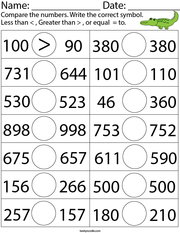 Comparing Numbers 3 Digits Worksheet Comparing Three Digit Numbers Math Worksheet Twisty 